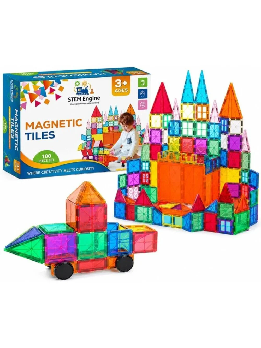 100 Pc Magnetic Building Blocks Set for Kids - Educational Magnet Tiles & Cars